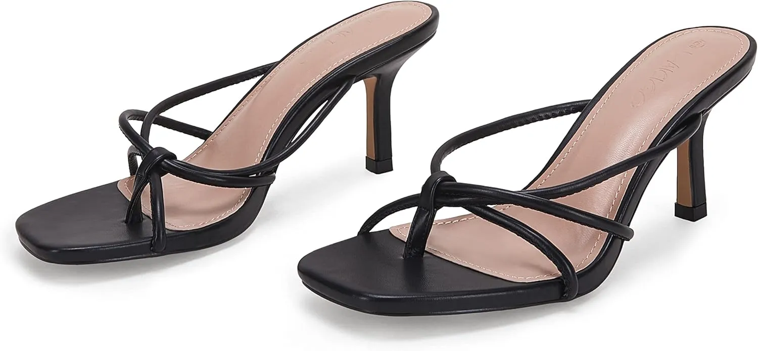 LAICIGO Women’s Square Open Toe Flip Flops Stiletto Heels Strappy Thong Slide on Slingback Mules Sandals