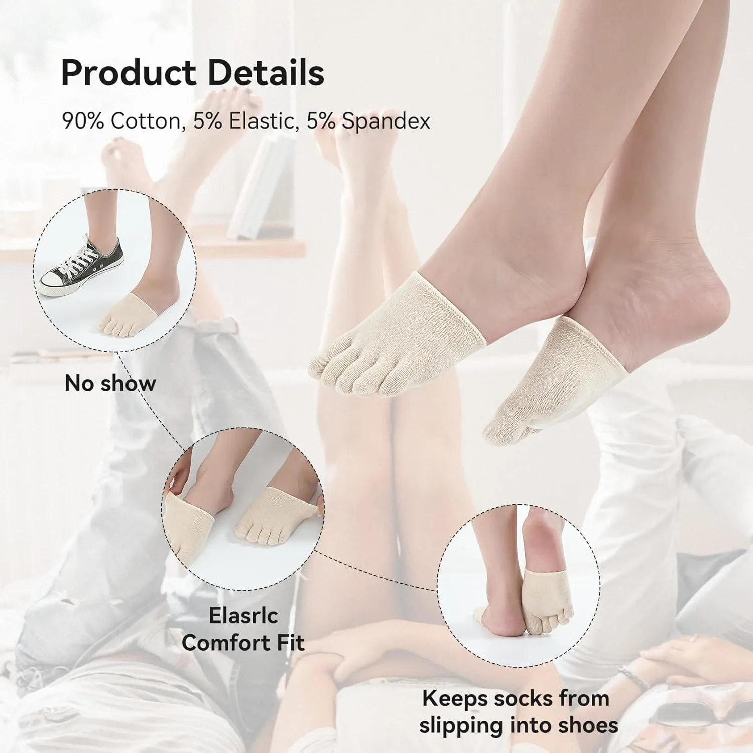 likloks Half Socks for Women Cotton Toe Topper Hidden Non-Slip Toe Separation Liner Socks (6/8 Pairs)