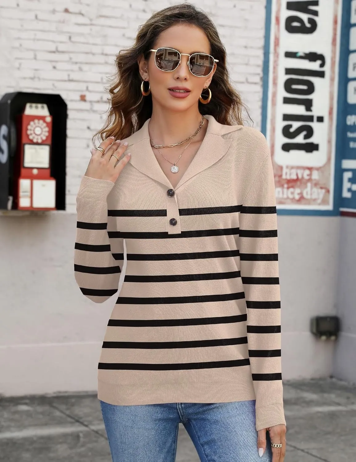 LOMON Womens Fall Sweaters 2024 Knitted V-Neck Collared Business Button Pullover Long Sleeve Winter Dressy Casual Jumper