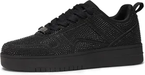 LUCKY STEP Women Fashion Sparkle Rhinestone Sneakers White Leather Low Top Tennis Shoes Lace Up Casual Comfortable Walking Shoe