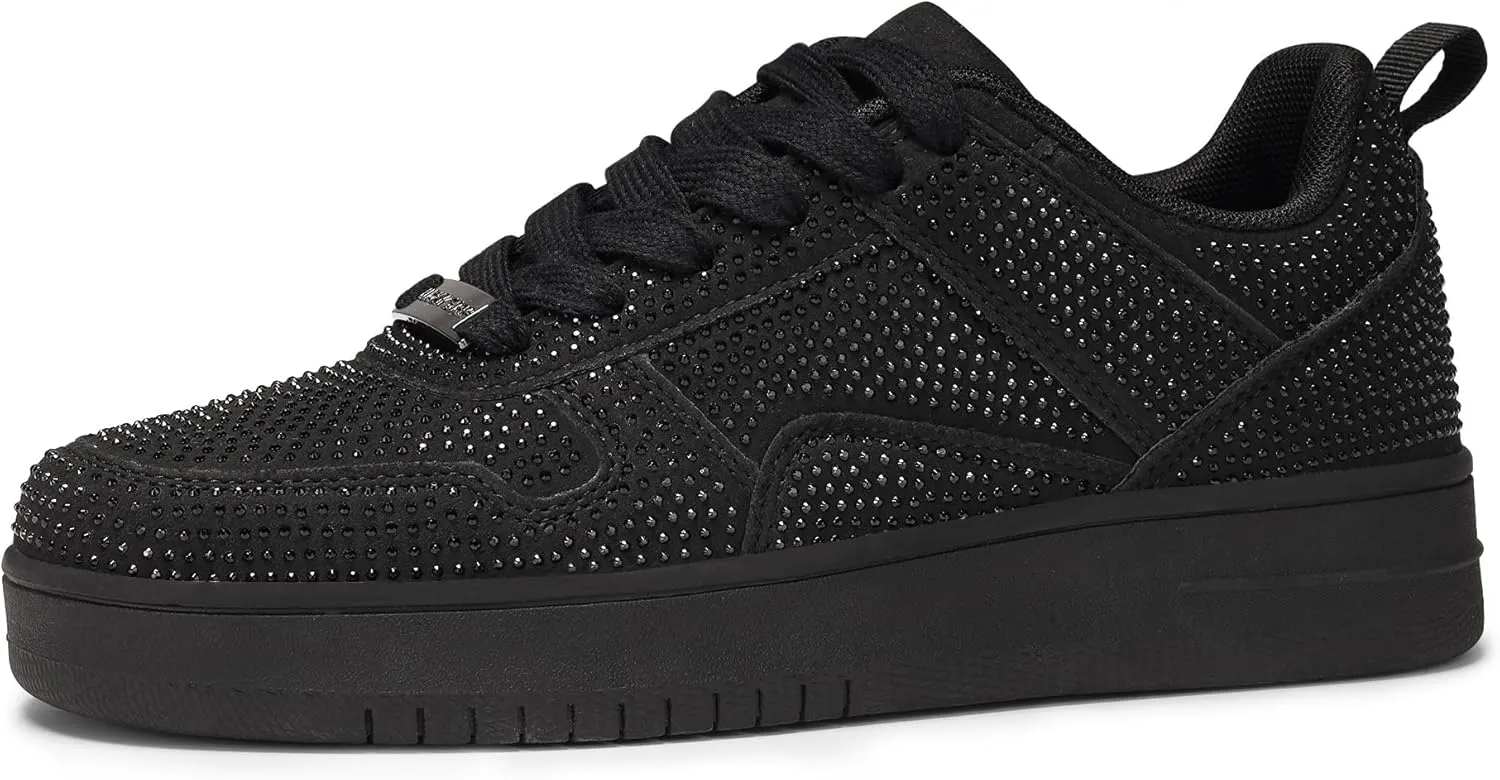 LUCKY STEP Women Fashion Sparkle Rhinestone Sneakers White Leather Low Top Tennis Shoes Lace Up Casual Comfortable Walking Shoe