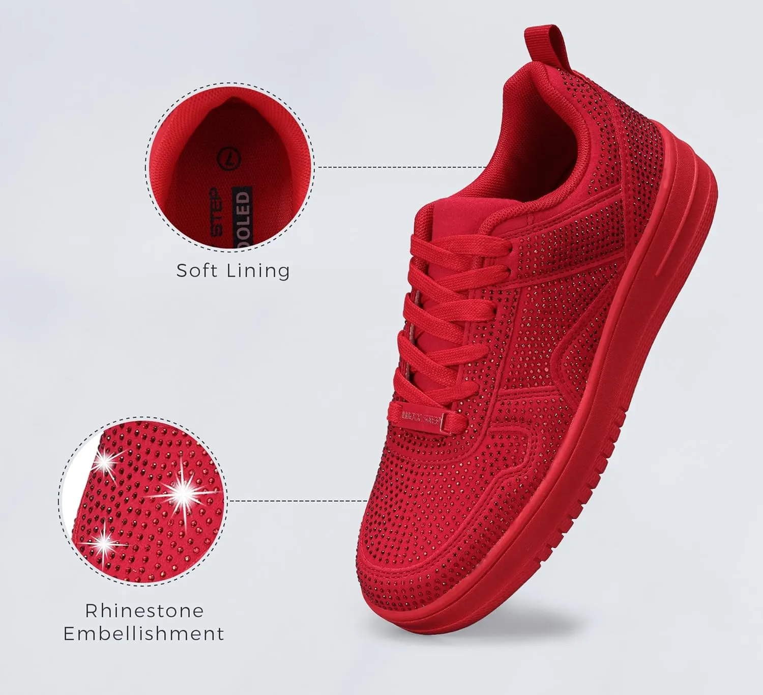 LUCKY STEP Women Fashion Sparkle Rhinestone Sneakers White Leather Low Top Tennis Shoes Lace Up Casual Comfortable Walking Shoe