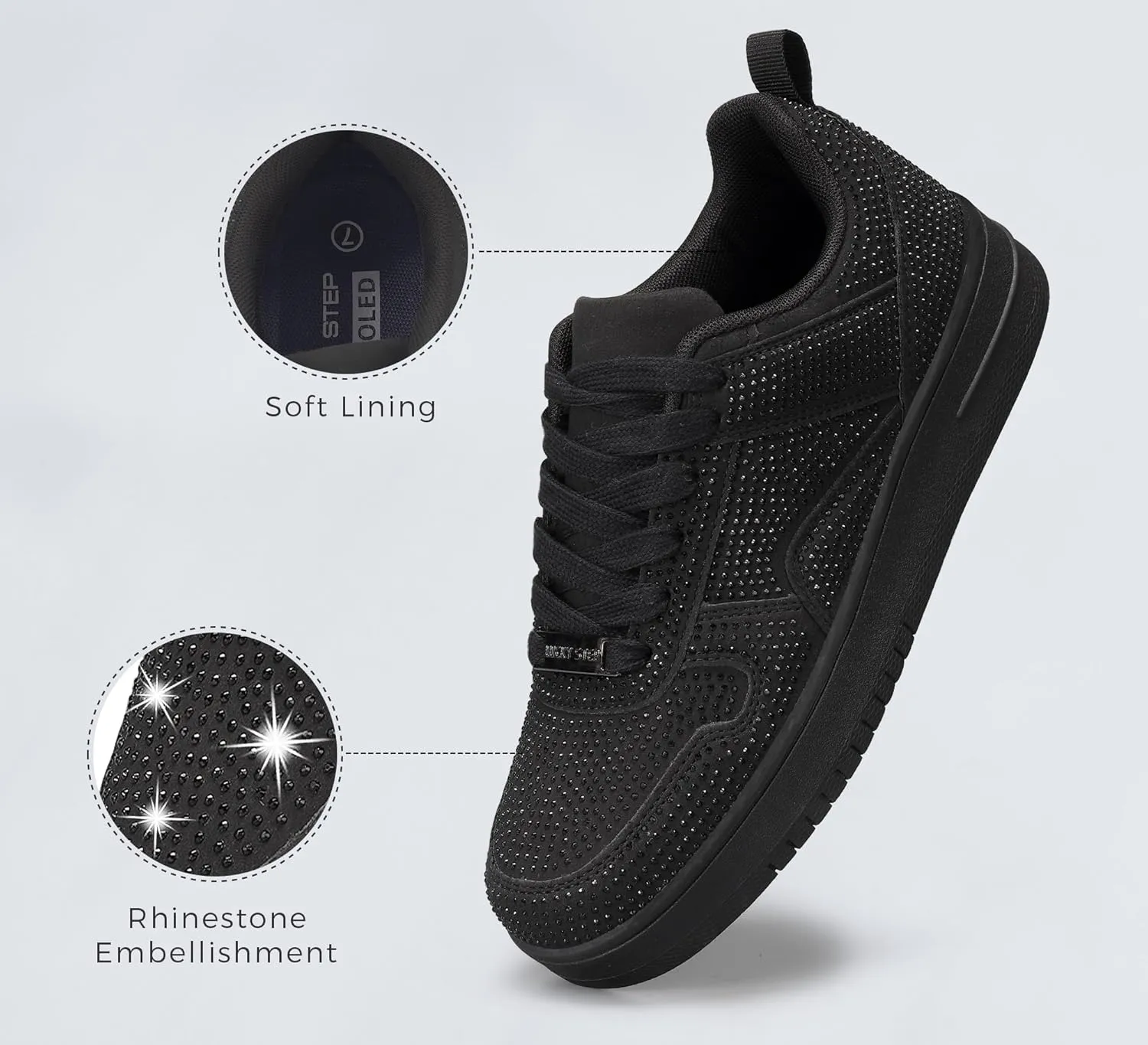 LUCKY STEP Women Fashion Sparkle Rhinestone Sneakers White Leather Low Top Tennis Shoes Lace Up Casual Comfortable Walking Shoe