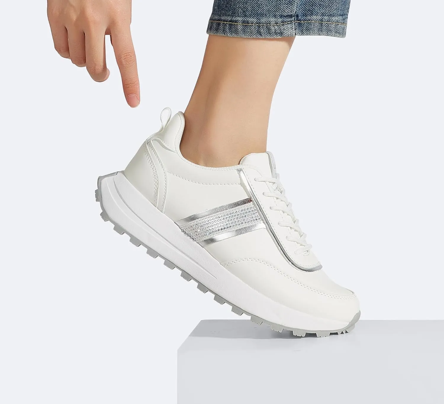 LUCKY STEP Women Platform Walking Shoe Fashion Retro Classic Casual Trainers Braided Rhinestone Sneakers Tennis Running Walking Shoes