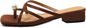 Maiyang Women Pearl Open Split Toe Satin Mules Slip on Block Low Heel Backless Slide Sandals Fashion Comfy Casual Slippers Size 4-16 US