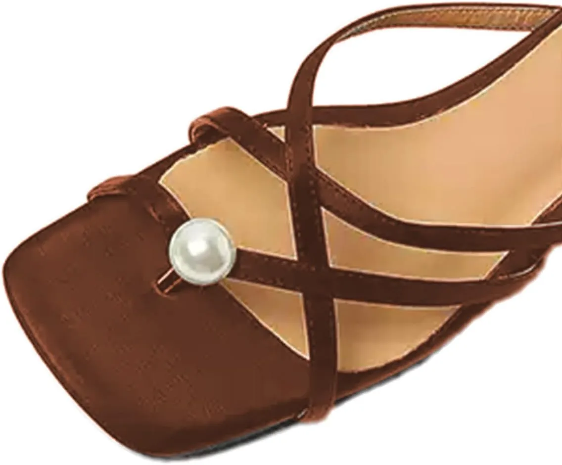 Maiyang Women Pearl Open Split Toe Satin Mules Slip on Block Low Heel Backless Slide Sandals Fashion Comfy Casual Slippers Size 4-16 US