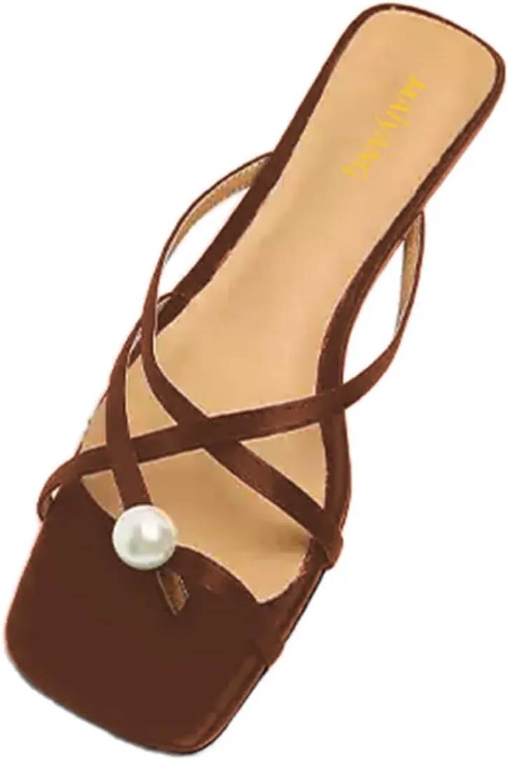 Maiyang Women Pearl Open Split Toe Satin Mules Slip on Block Low Heel Backless Slide Sandals Fashion Comfy Casual Slippers Size 4-16 US