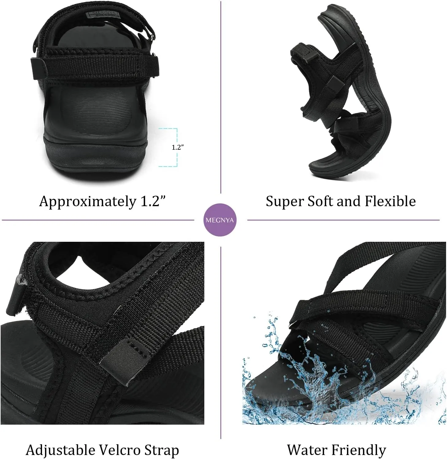 MEGNYA Womens Lightweight Cushion Sandals for Walking, Summer Outside Hiking Sandals with Adjustable Hook and Loop Straps