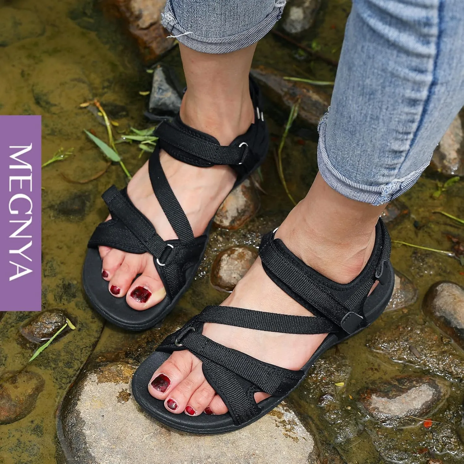 MEGNYA Womens Lightweight Cushion Sandals for Walking, Summer Outside Hiking Sandals with Adjustable Hook and Loop Straps