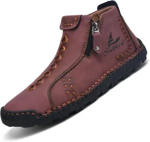 Mens Casual Leather Shoes Ankle Chukka Boots Handmade Side Zipper Mid top Slip On Loafers Fashion Lightweight Walking Driving High Boots
