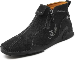 Mens Casual Soft Leather Loafers with Side Zipper Hand Stitching Ankle Chukka Boots Slip On Walking Driving High Top Flat Shoes
