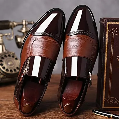 Men's Dress Shoes Patent Leather Loafers Pointed Zipper Oxford Formal Business Tuxedo Shoes