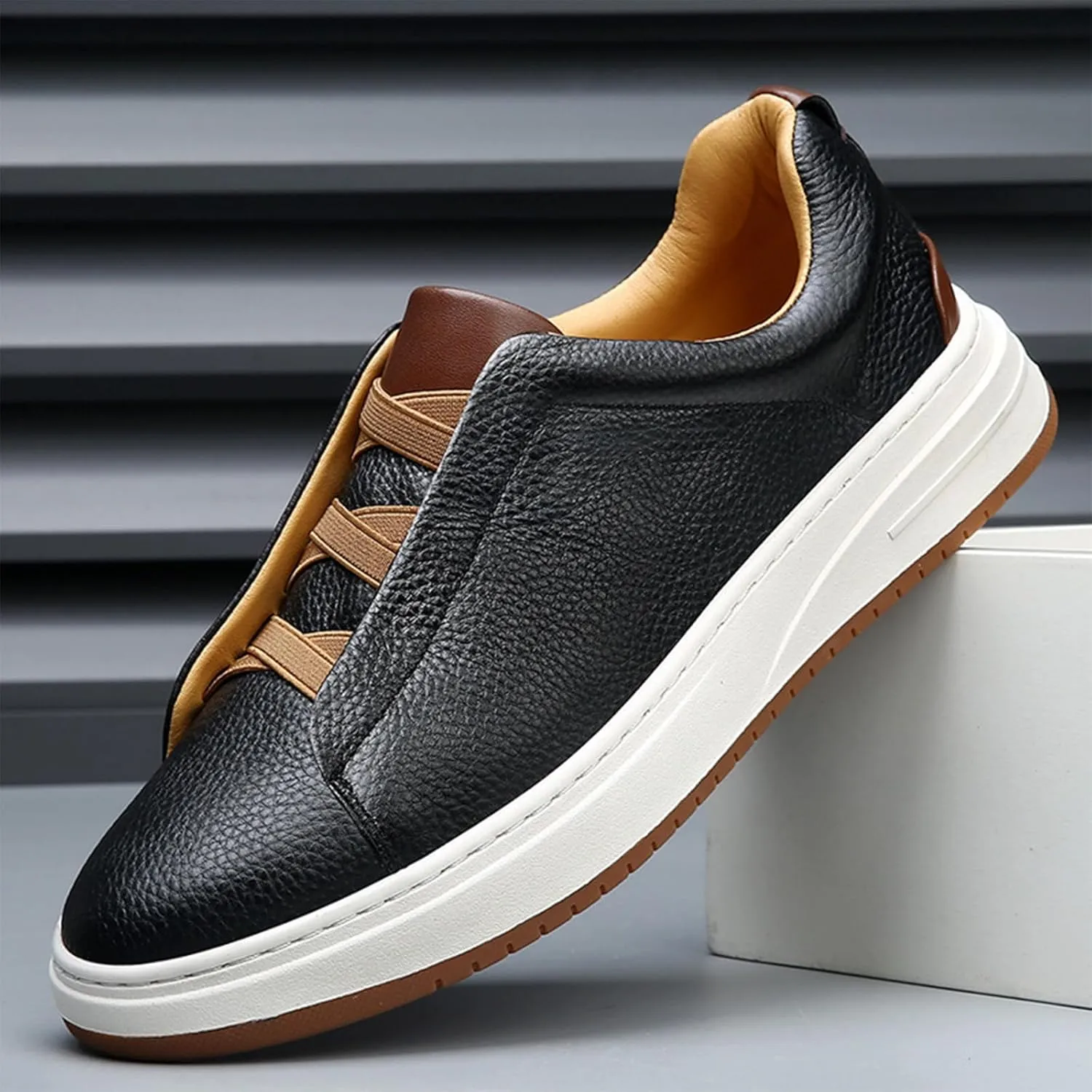Men's Flat Oxford Sneakers Genuine Leather Low Top Business Dress Shoes with Non-Slip Design for Daily Commute, Hiking and Walking