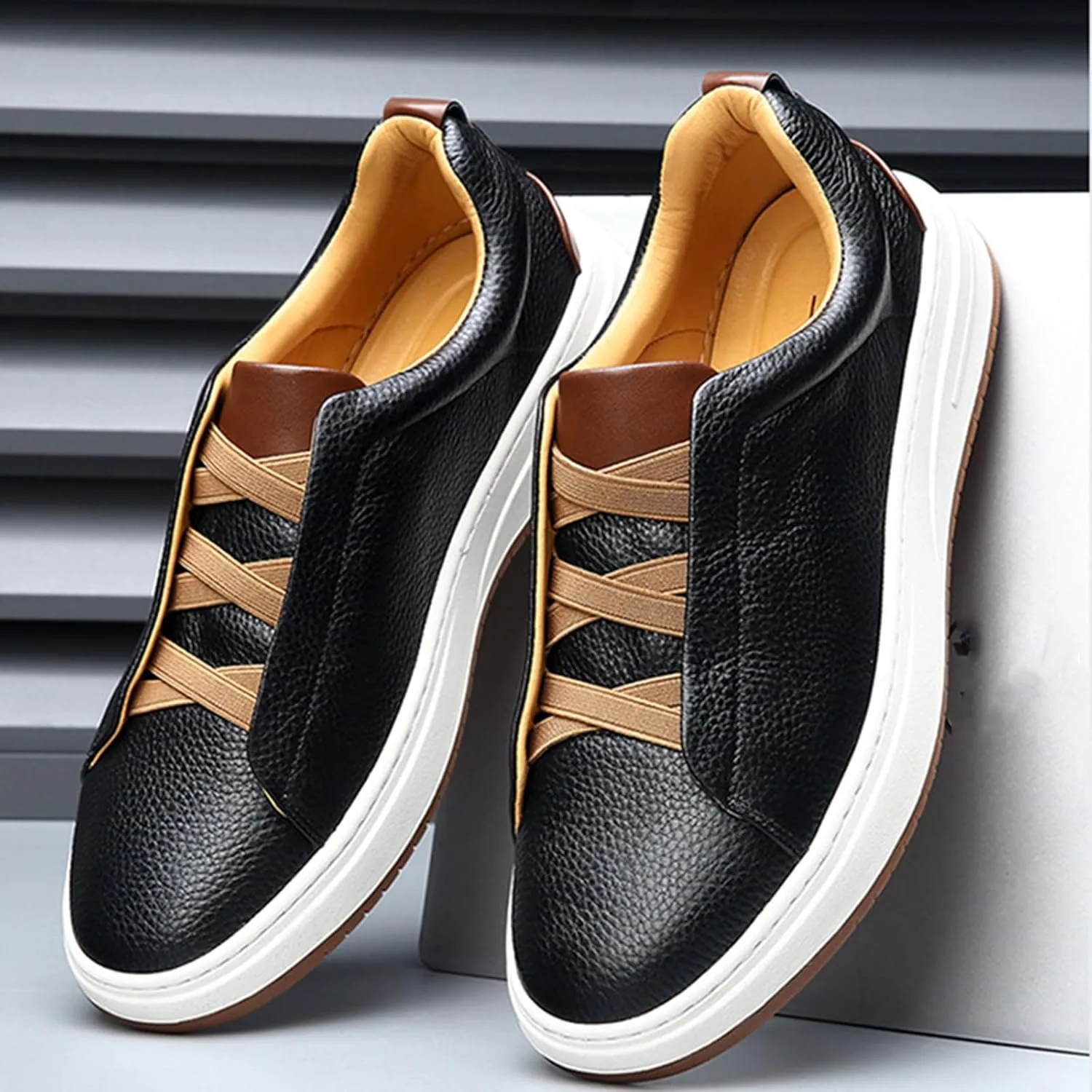 Men's Flat Oxford Sneakers Genuine Leather Low Top Business Dress Shoes with Non-Slip Design for Daily Commute, Hiking and Walking