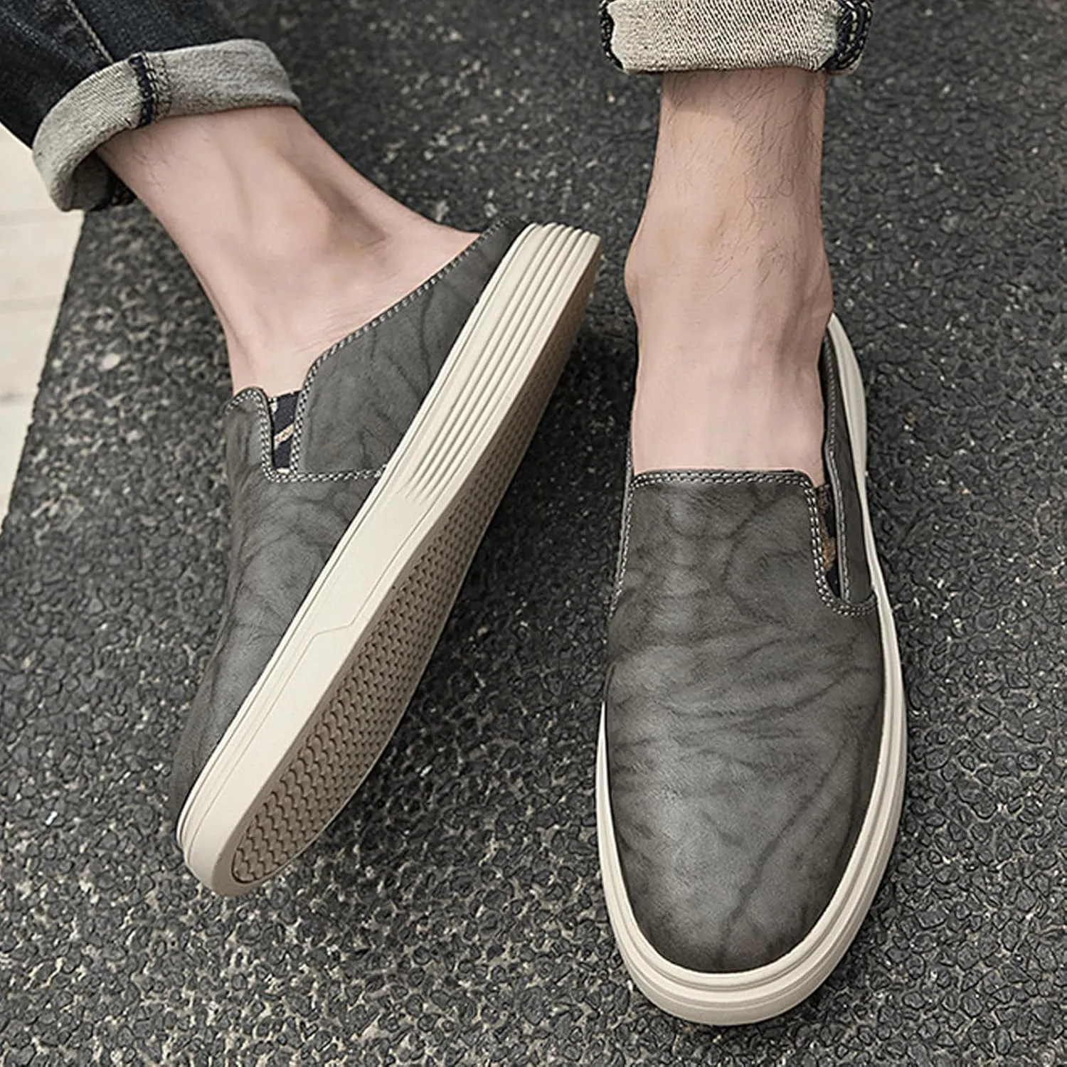 Men's Genuine Leather Slip-On Mules Clog Slippers Comfortable Elastic Closure Round Toe Backless Male Loafer Slippers for Office Work Drive Dressy Mules