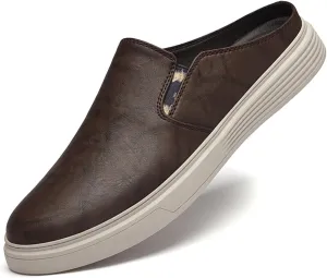 Men's Genuine Leather Slip-On Mules Clog Slippers Comfortable Elastic Closure Round Toe Backless Male Loafer Slippers for Office Work Drive Dressy Mules