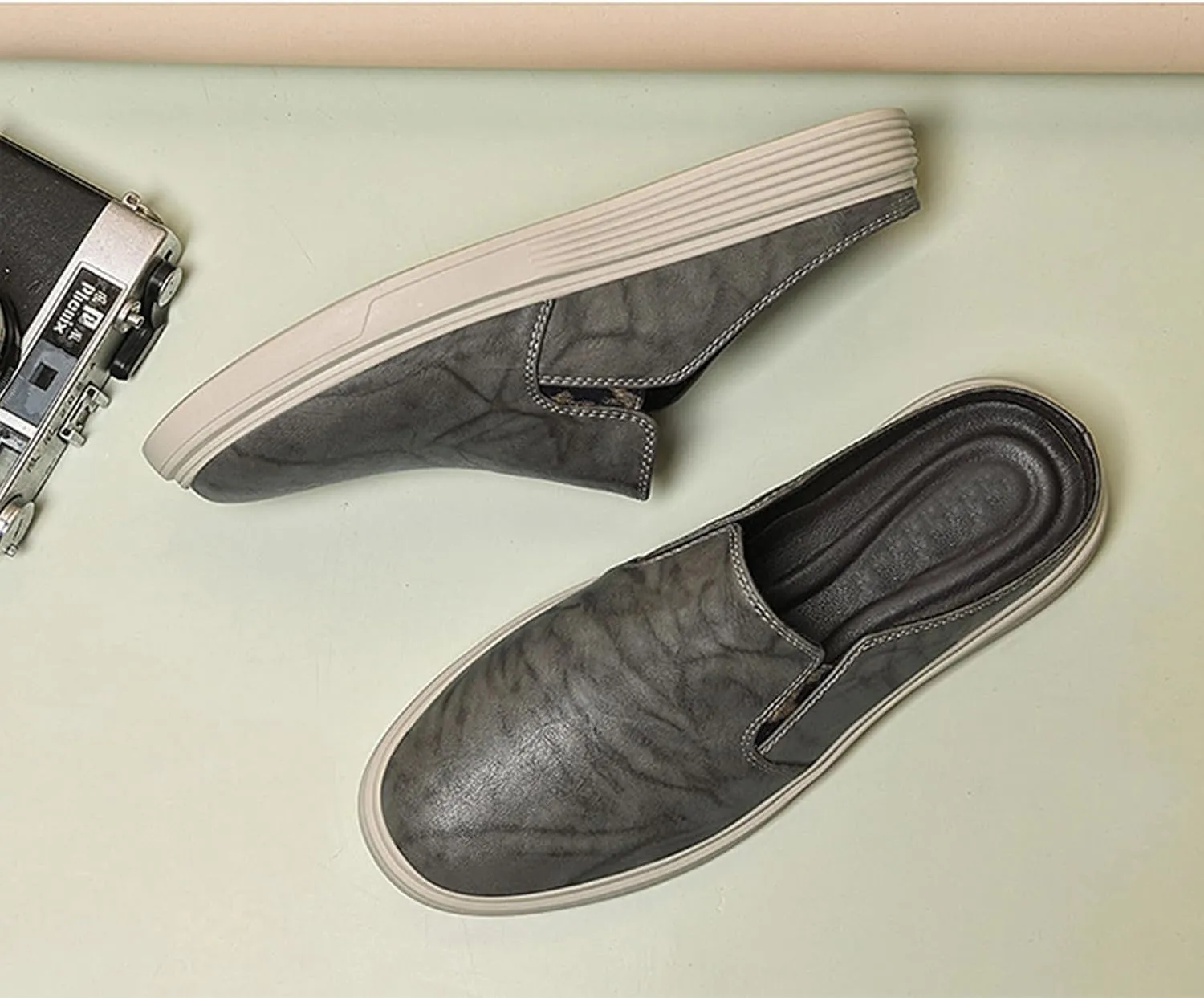 Men's Genuine Leather Slip-On Mules Clog Slippers Comfortable Elastic Closure Round Toe Backless Male Loafer Slippers for Office Work Drive Dressy Mules