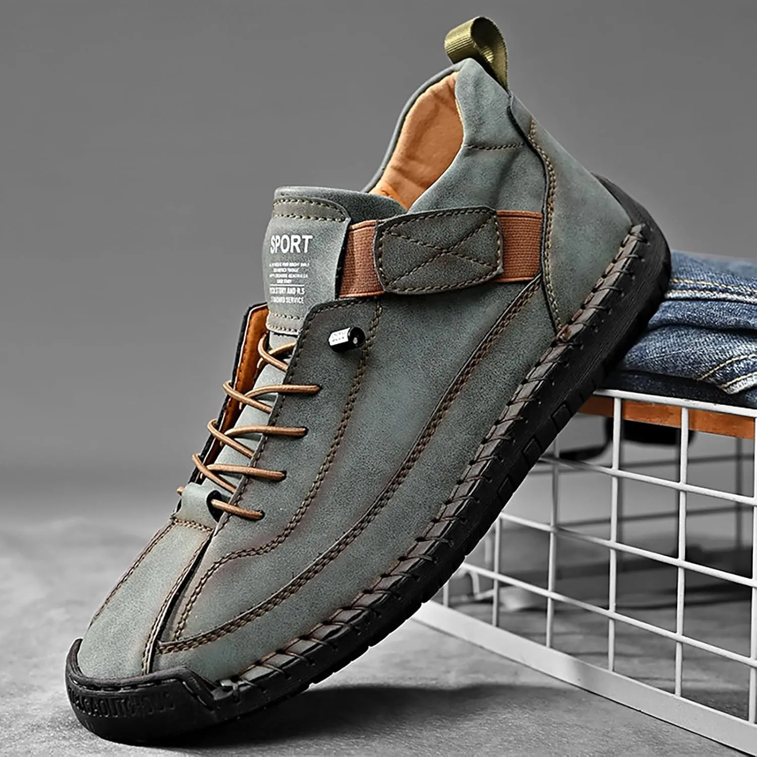Men's Hook & Loop Hand Stitching Chukka Boots,Lightweight Leather Slip On Loafers Low Hiking Ankle Boots Lace-Up Comfort Non-Slip Boots For Outdoor Camping & Driving Booties