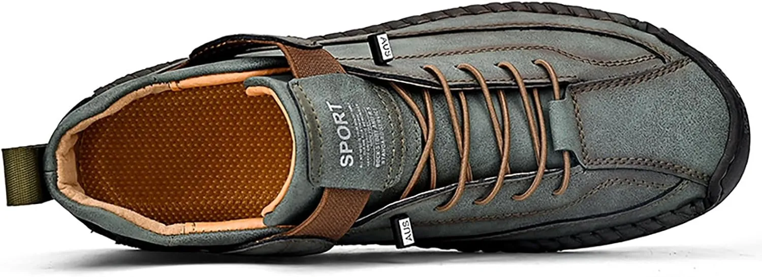 Men's Hook & Loop Hand Stitching Chukka Boots,Lightweight Leather Slip On Loafers Low Hiking Ankle Boots Lace-Up Comfort Non-Slip Boots For Outdoor Camping & Driving Booties