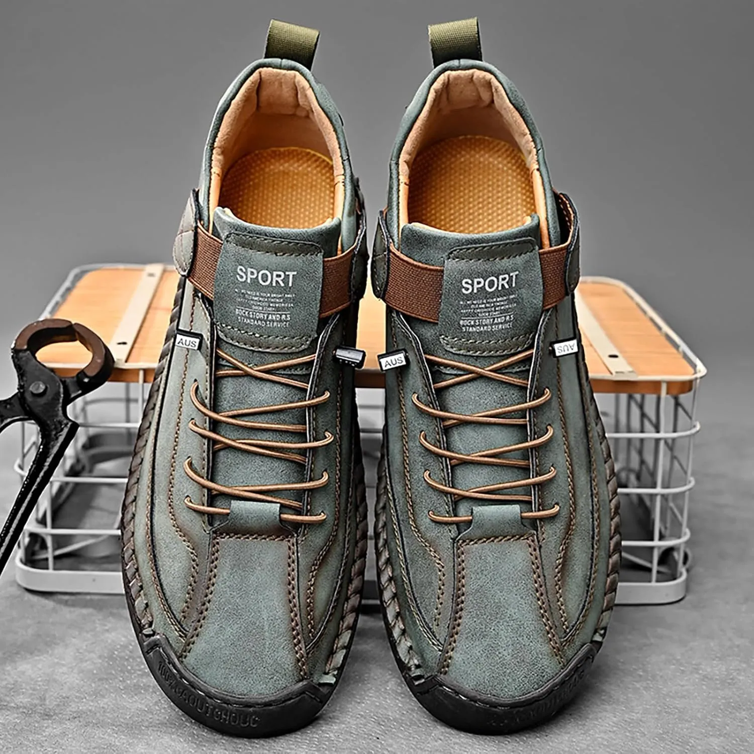 Men's Hook & Loop Hand Stitching Chukka Boots,Lightweight Leather Slip On Loafers Low Hiking Ankle Boots Lace-Up Comfort Non-Slip Boots For Outdoor Camping & Driving Booties