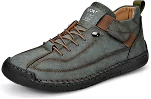 Men's Hook & Loop Hand Stitching Chukka Boots,Lightweight Leather Slip On Loafers Low Hiking Ankle Boots Lace-Up Comfort Non-Slip Boots For Outdoor Camping & Driving Booties
