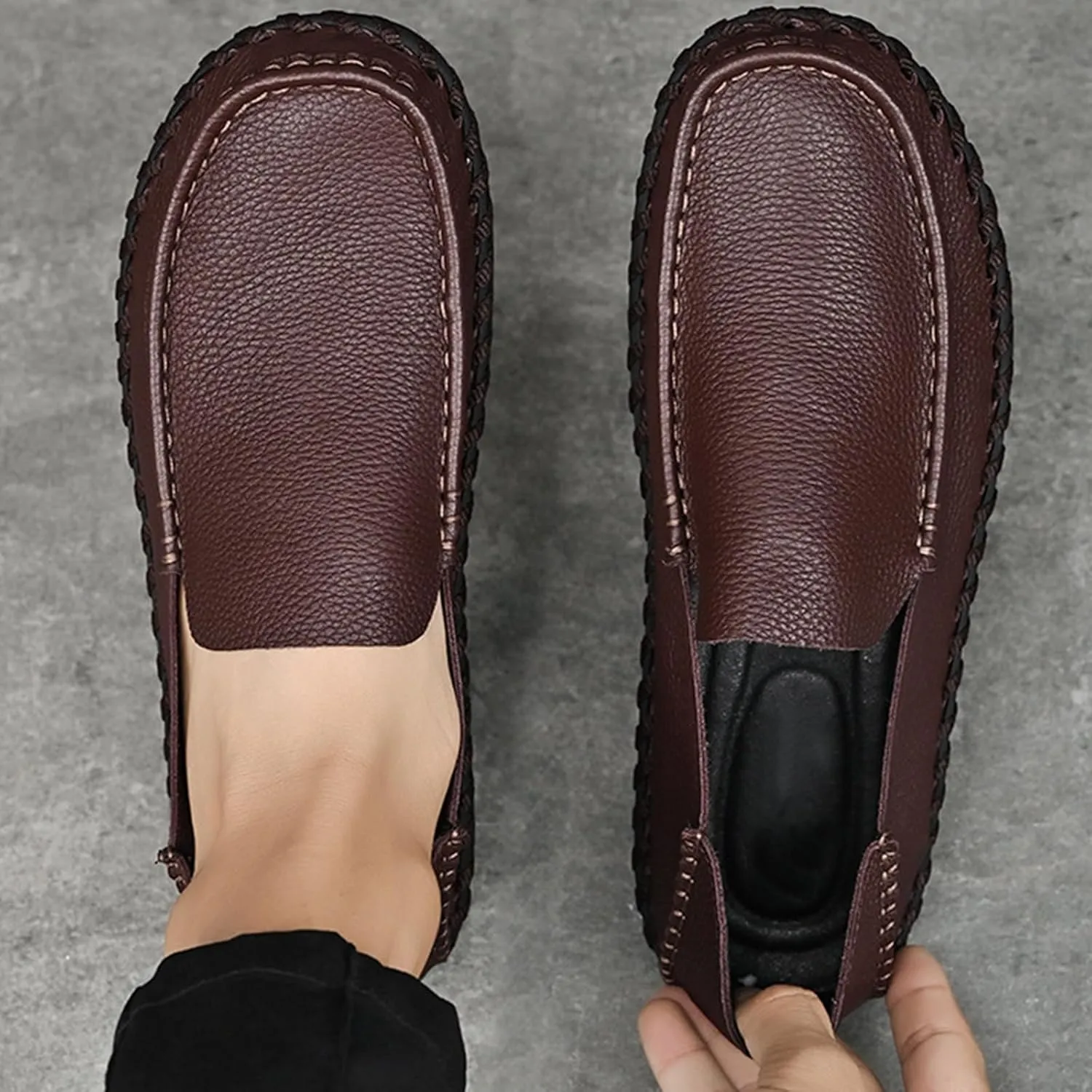Men's Leather Hollow Flat Penny Loafers, Comfortable Round Wide Toe Soft-Soled Anti-Slip Slip-On Driving Moccasins, Work Business Walking Shoes