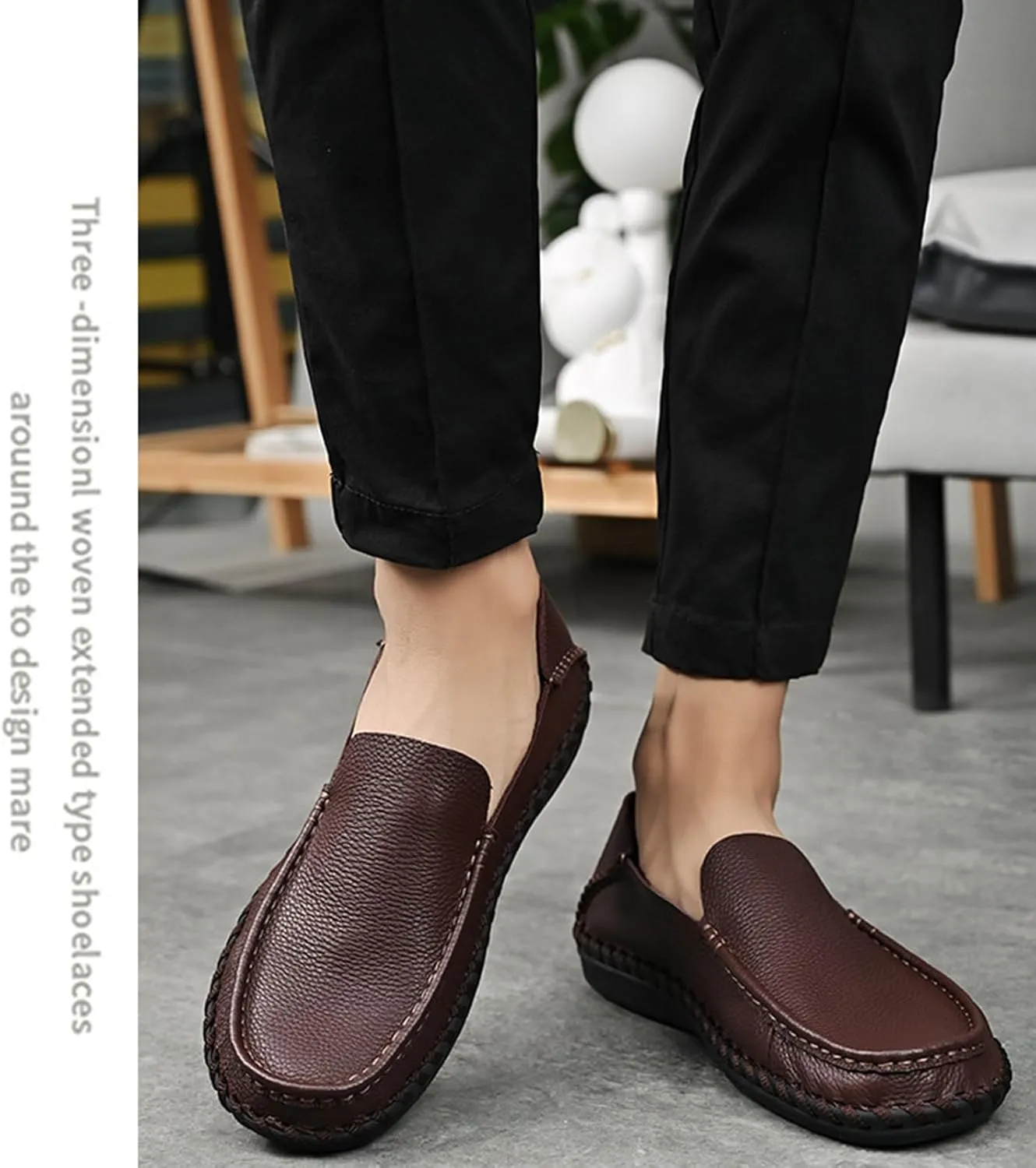 Men's Leather Hollow Flat Penny Loafers, Comfortable Round Wide Toe Soft-Soled Anti-Slip Slip-On Driving Moccasins, Work Business Walking Shoes