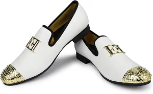 Mens Leather Loafers Spiked Dress Shoes with Gold Buckle Penny Slip-On Luxury Men Wedding Party Prom Shoes