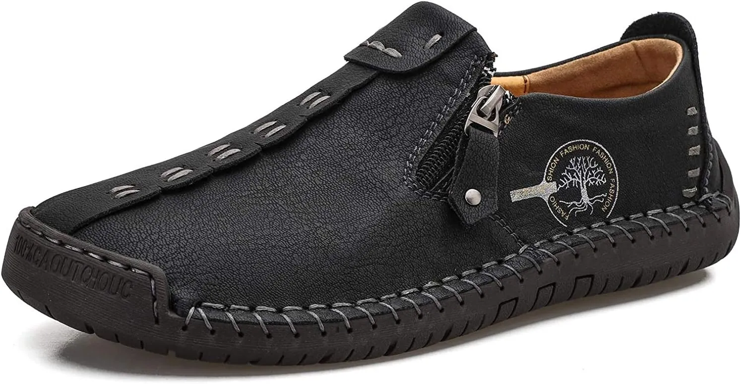 Mens Loafers Slip On Casual Shoes Leather Flat Penny Loafers Outdoor Lightweight Breathable Walking Driving Shoes Comfort Classic Hand Stitching Office Dress Work Shoes Anti Slip Round Toe Moccasins