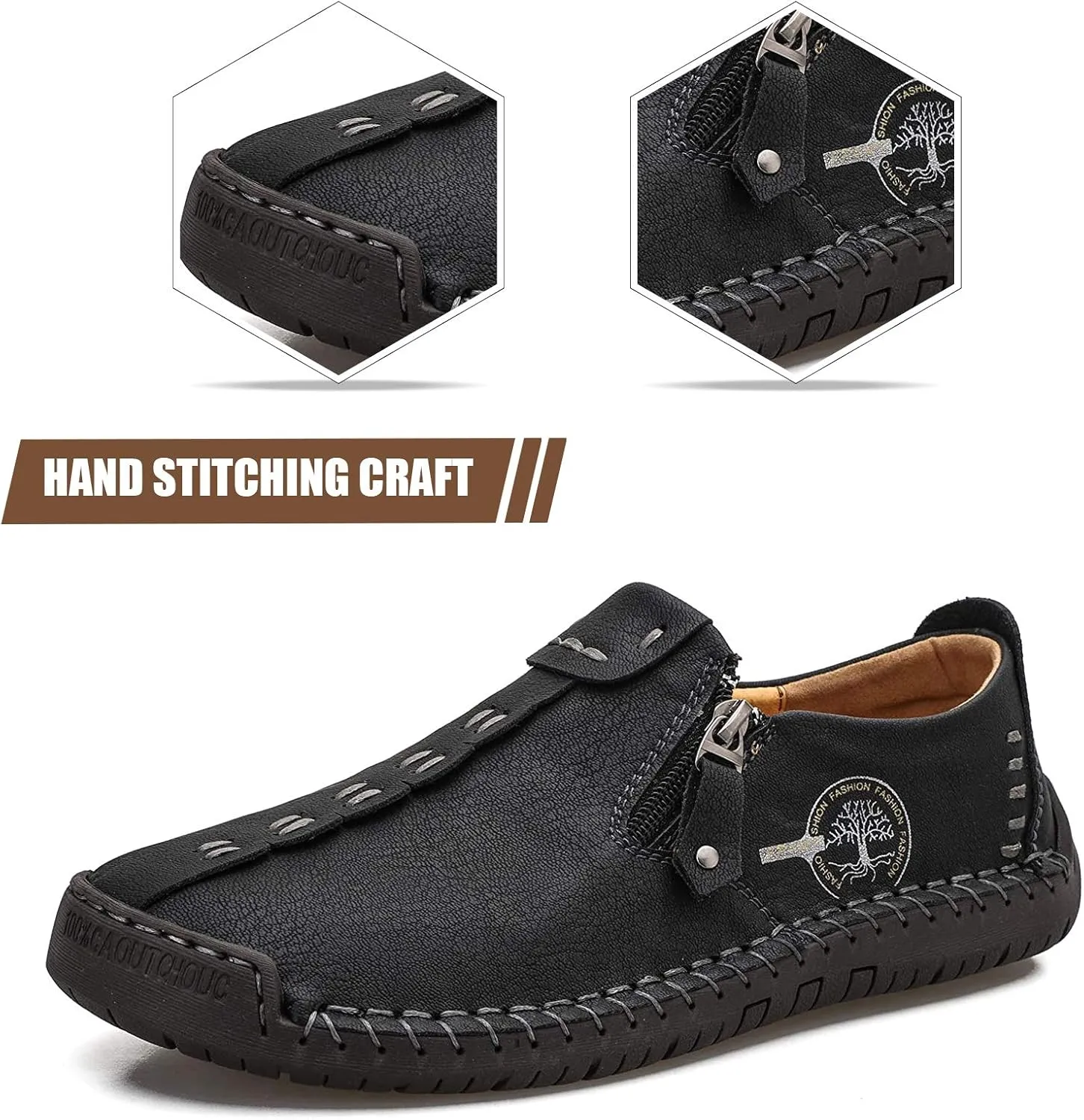 Mens Loafers Slip On Casual Shoes Leather Flat Penny Loafers Outdoor Lightweight Breathable Walking Driving Shoes Comfort Classic Hand Stitching Office Dress Work Shoes Anti Slip Round Toe Moccasins
