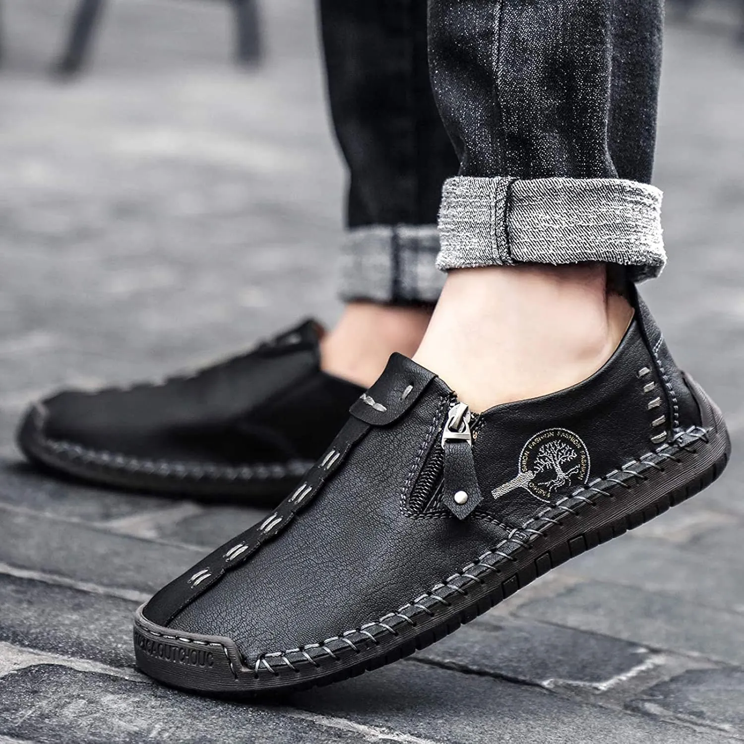 Mens Loafers Slip On Casual Shoes Leather Flat Penny Loafers Outdoor Lightweight Breathable Walking Driving Shoes Comfort Classic Hand Stitching Office Dress Work Shoes Anti Slip Round Toe Moccasins