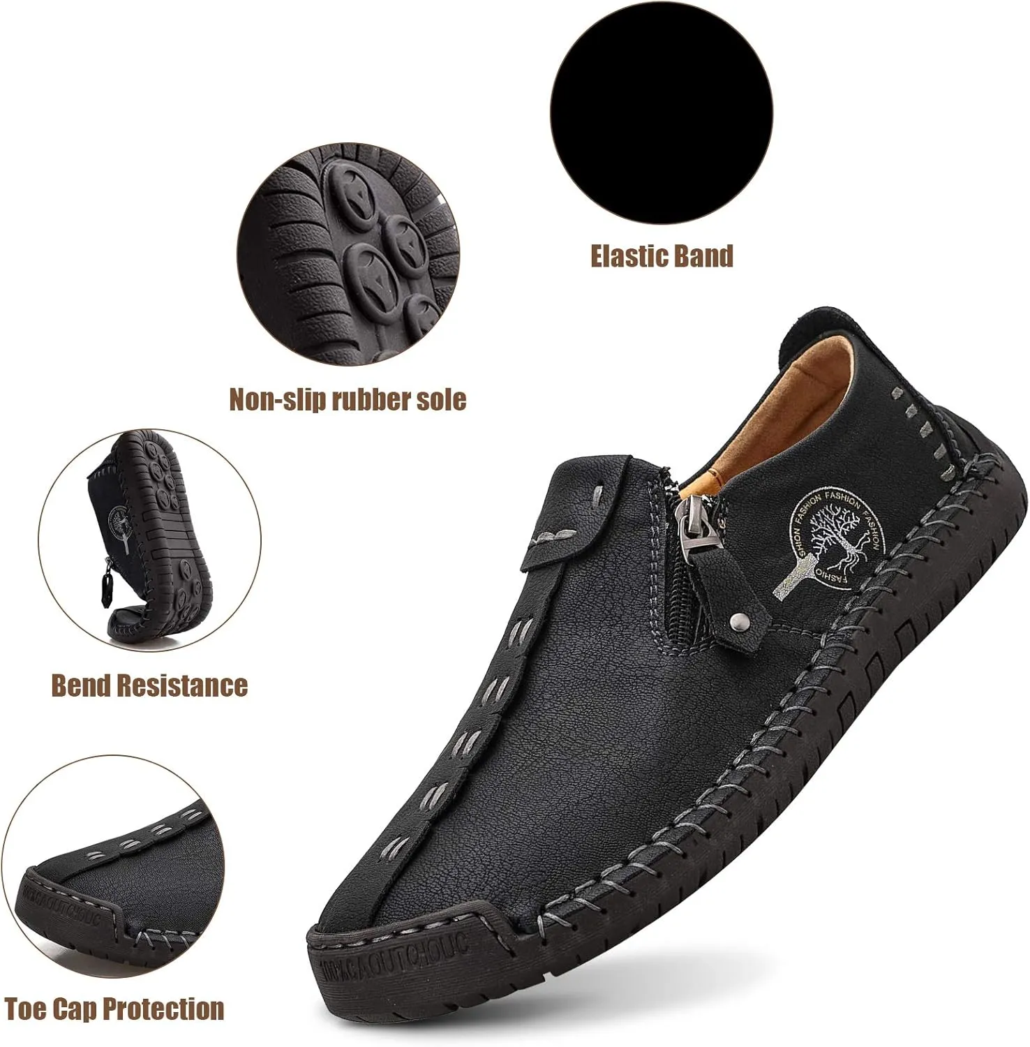 Mens Loafers Slip On Casual Shoes Leather Flat Penny Loafers Outdoor Lightweight Breathable Walking Driving Shoes Comfort Classic Hand Stitching Office Dress Work Shoes Anti Slip Round Toe Moccasins