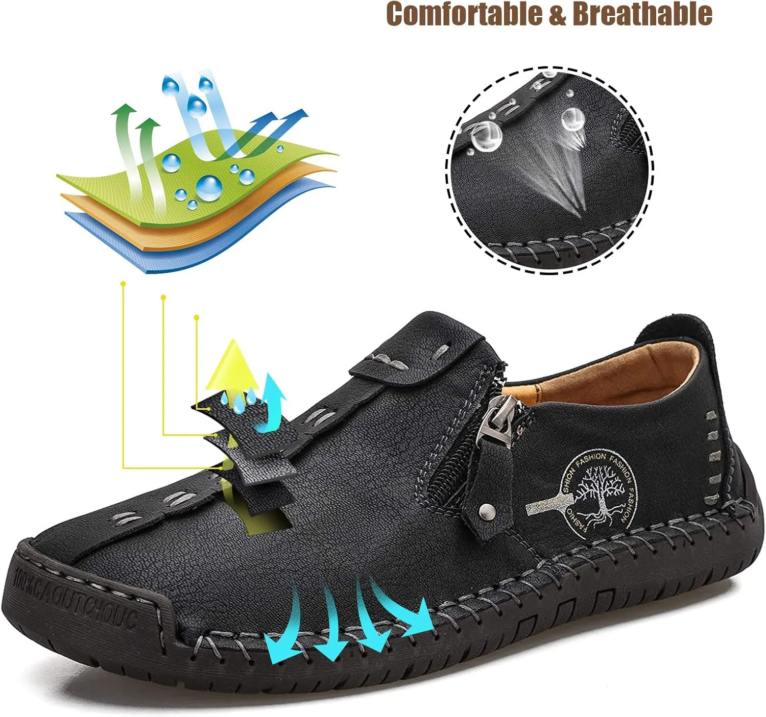 Mens Loafers Slip On Casual Shoes Leather Flat Penny Loafers Outdoor Lightweight Breathable Walking Driving Shoes Comfort Classic Hand Stitching Office Dress Work Shoes Anti Slip Round Toe Moccasins