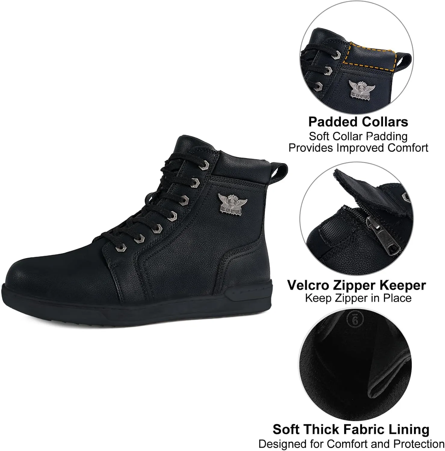 Men's Motorcycle Riding Shoes Street Riding Shoes Breathable Biker Boots Sneakers Powersports Footwear, Black Faux Leather Lace Up Shoes with Ankle Support for Men, Anti-Slip Sole, Side Zipper