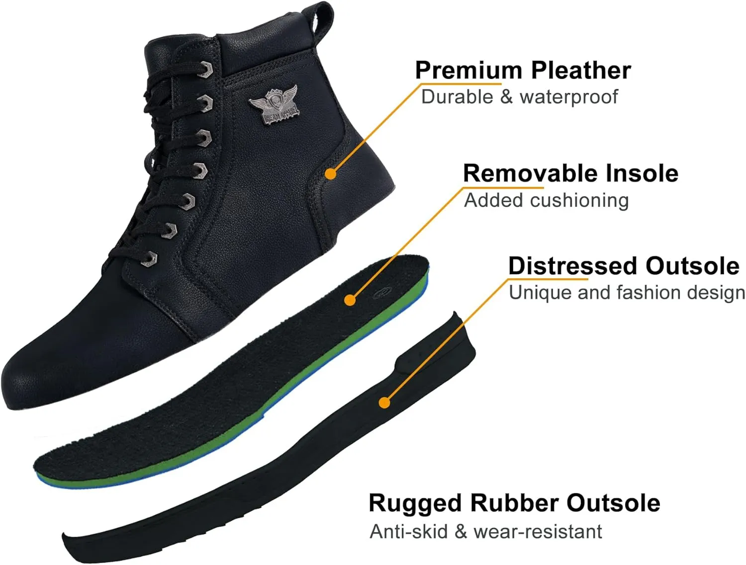Men's Motorcycle Riding Shoes Street Riding Shoes Breathable Biker Boots Sneakers Powersports Footwear, Black Faux Leather Lace Up Shoes with Ankle Support for Men, Anti-Slip Sole, Side Zipper