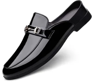 Men's Patent Leather Slip-On Dress Mules Slippers Fashion Printing Comfort Round Toe Low Heel Open Backless Casual Clogs Loafers with Metal Buckle Decoration