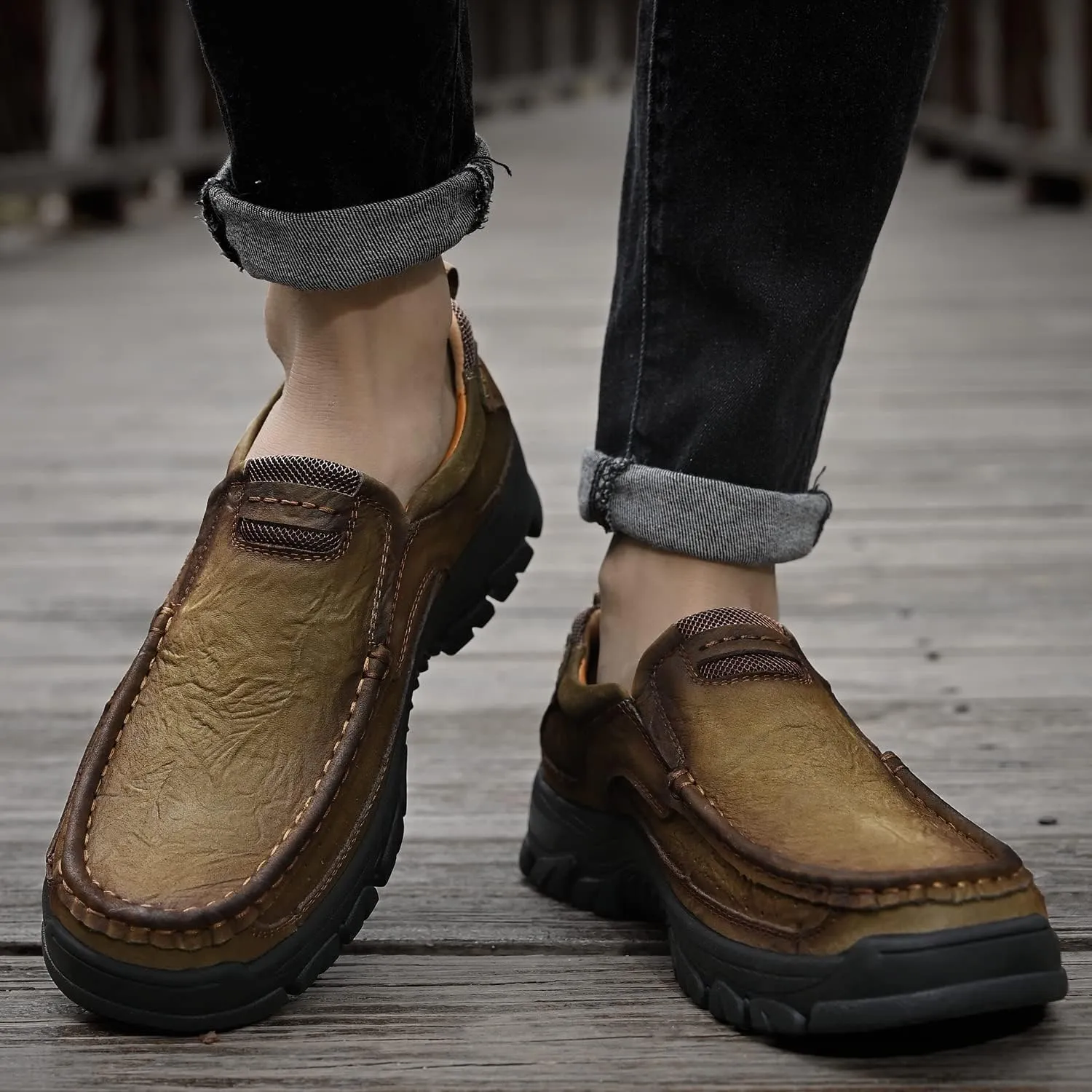 Mens Slip On Casual Loafers Classic Outdoor Leather Walking Hiking Shoes Comfortable for Work Office Dress Outdoor