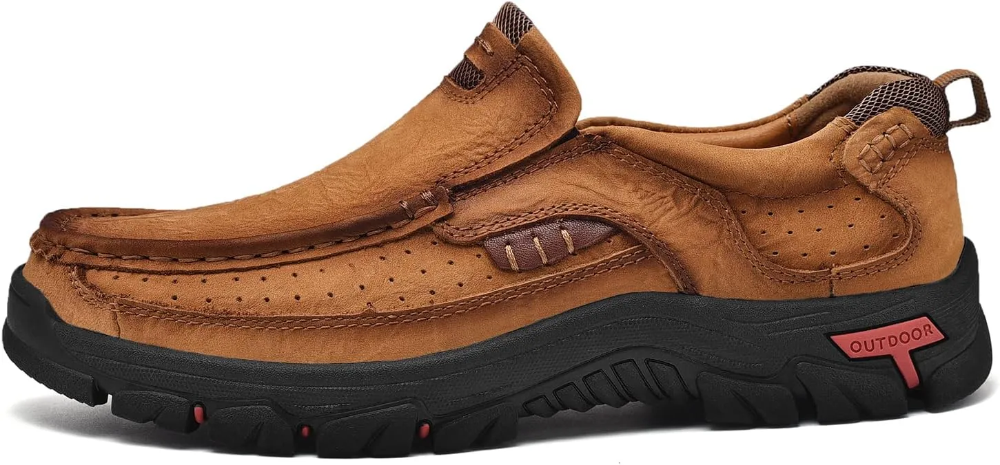 Mens Slip On Casual Loafers Classic Outdoor Leather Walking Hiking Shoes Comfortable for Work Office Dress Outdoor