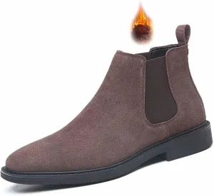 Men's Suede Slip-on Chelsea Ankle Boots Comfort Round Toe Low Heel Warm Fur Lined Winter Casual and Business Formal High Top Dress Boots