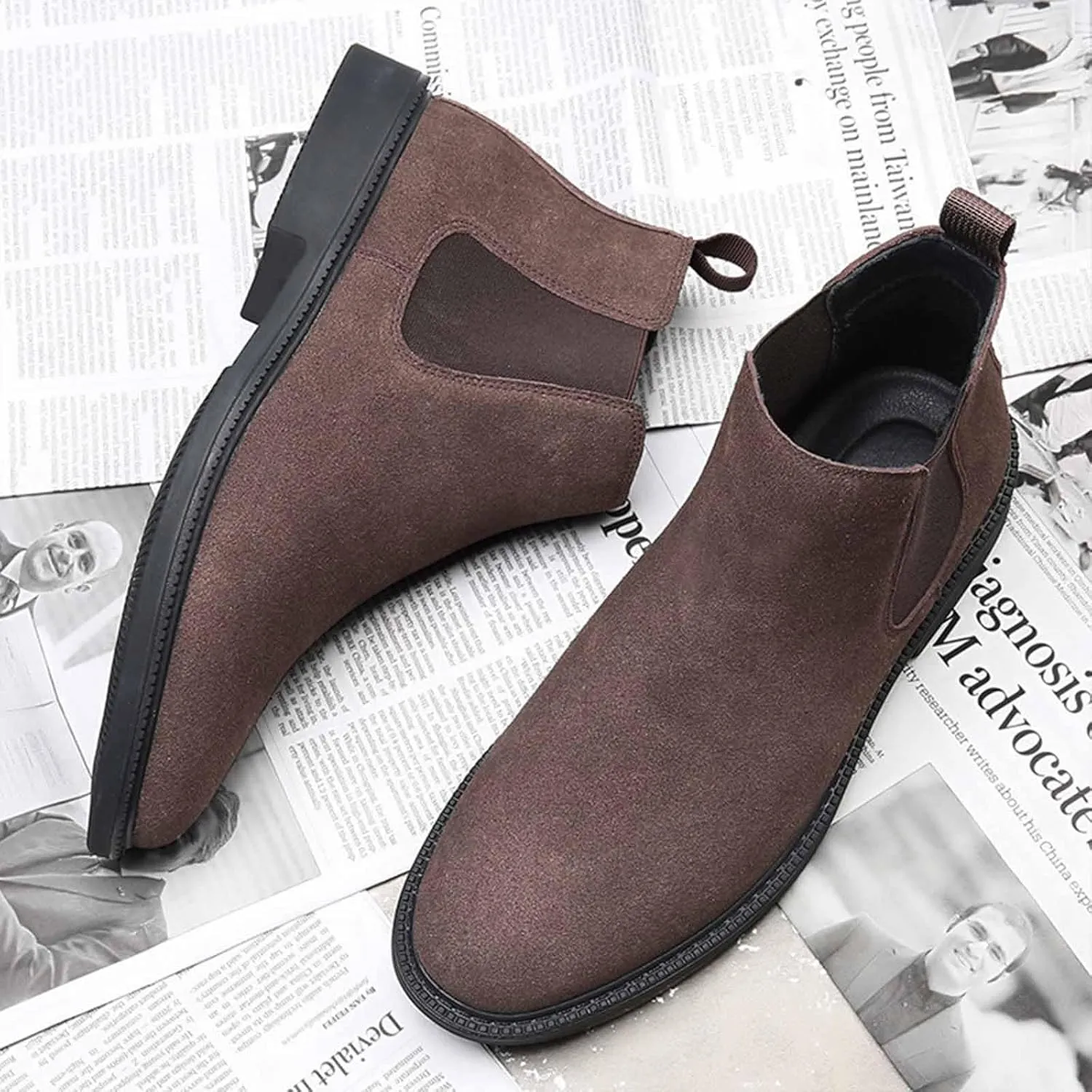 Men's Suede Slip-on Chelsea Ankle Boots Comfort Round Toe Low Heel Warm Fur Lined Winter Casual and Business Formal High Top Dress Boots