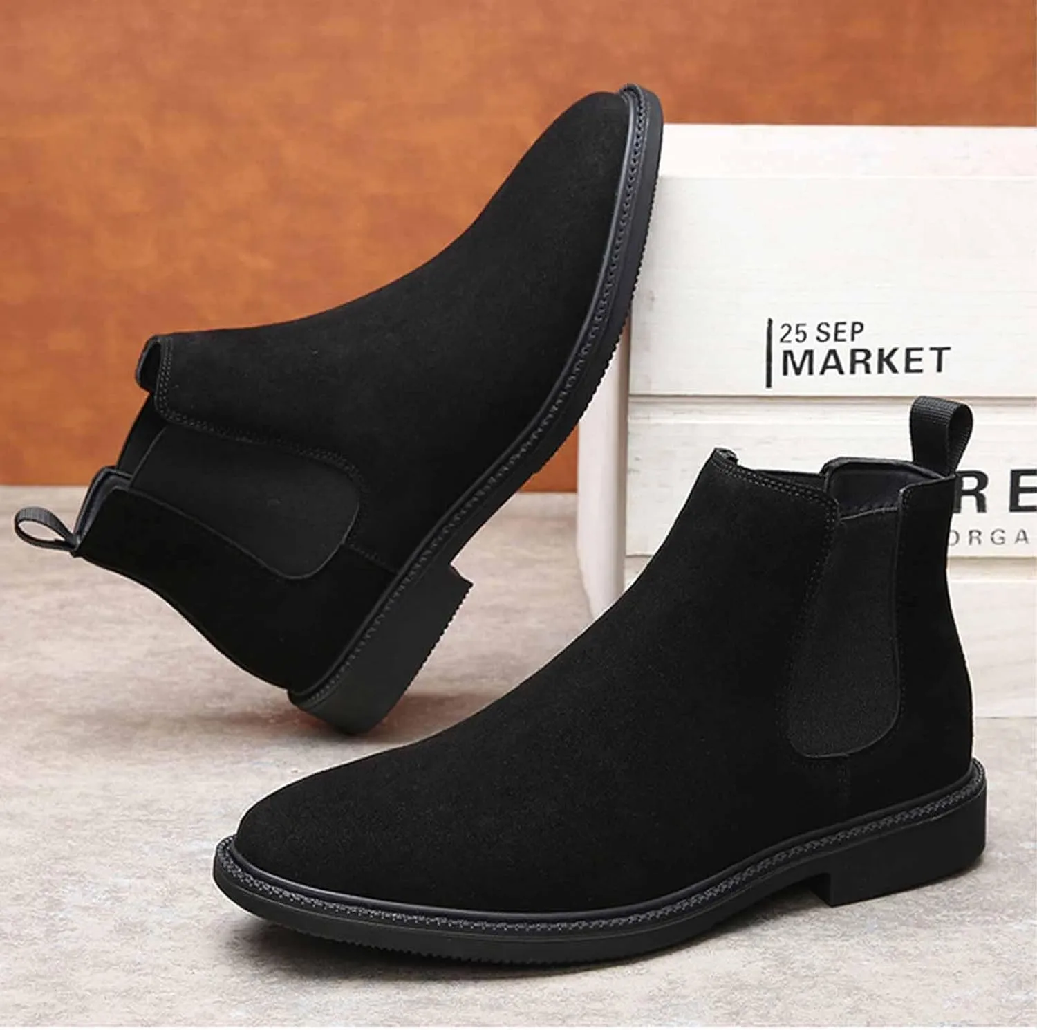 Men's Suede Slip-on Chelsea Ankle Boots Comfort Round Toe Low Heel Warm Fur Lined Winter Casual and Business Formal High Top Dress Boots