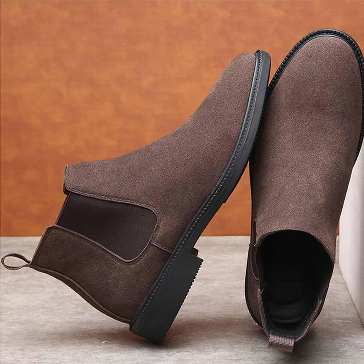 Men's Suede Slip-on Chelsea Ankle Boots Comfort Round Toe Low Heel Warm Fur Lined Winter Casual and Business Formal High Top Dress Boots