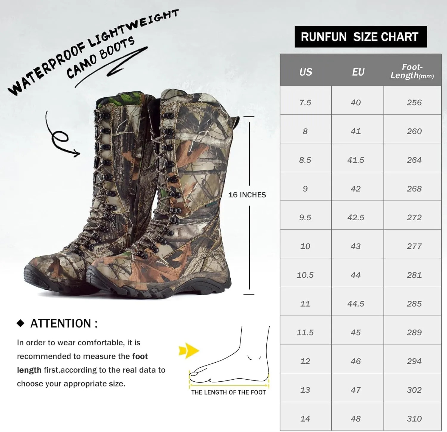 Men's Waterproof Hunting Boots Snakeproof Boots Lightweight Side-Zip Mud Boots, 16 Inches Non-slip Outdoor Shoes