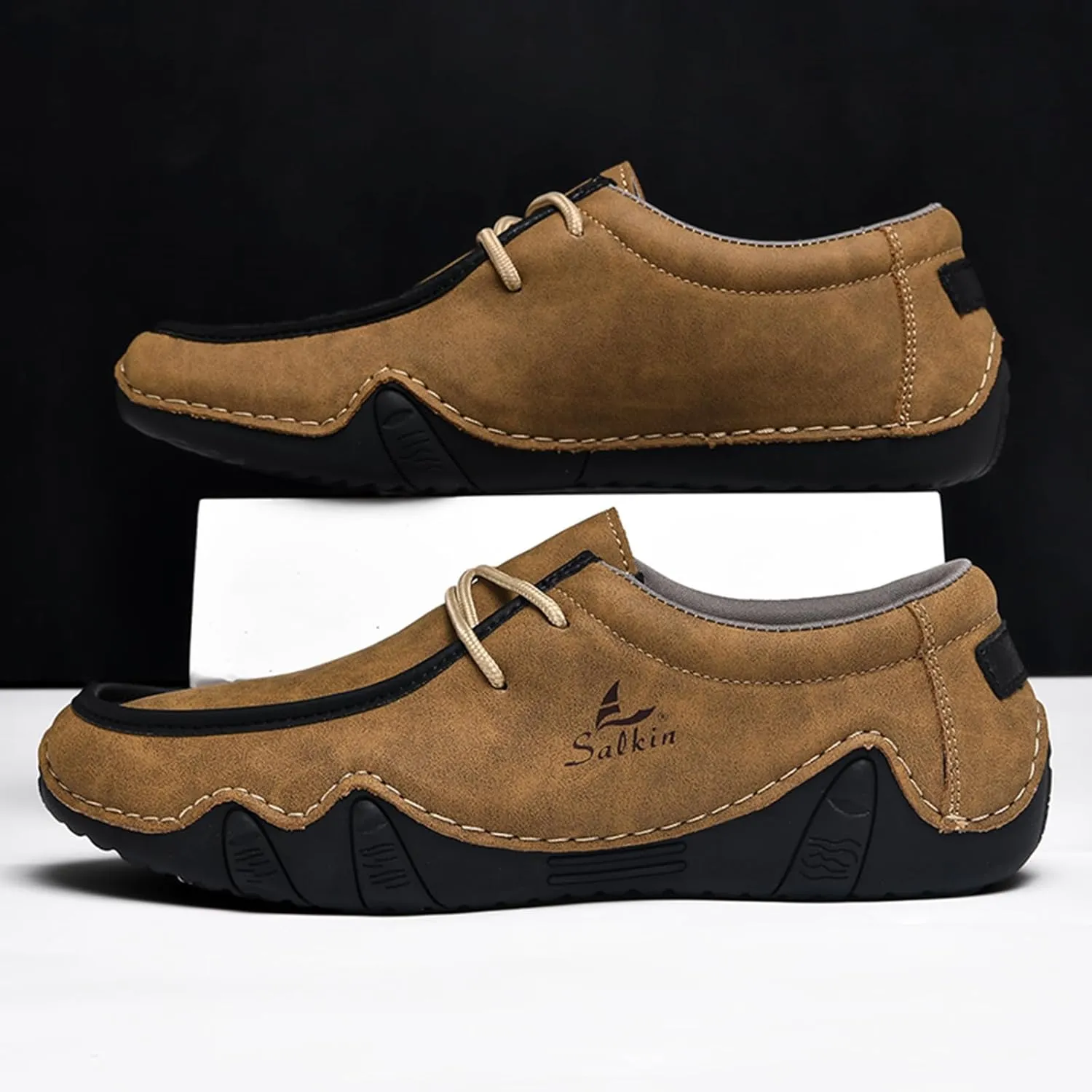 Men's Waterproof Leather Casual Walking Shoes for Hiking Camping & Driving All Season Retro Hand Stitched Round Toe Lace Up Slip on Loafers Comfortable Soft Outdoor Fashion Sneakers