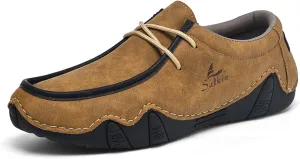 Men's Waterproof Leather Casual Walking Shoes for Hiking Camping & Driving All Season Retro Hand Stitched Round Toe Lace Up Slip on Loafers Comfortable Soft Outdoor Fashion Sneakers