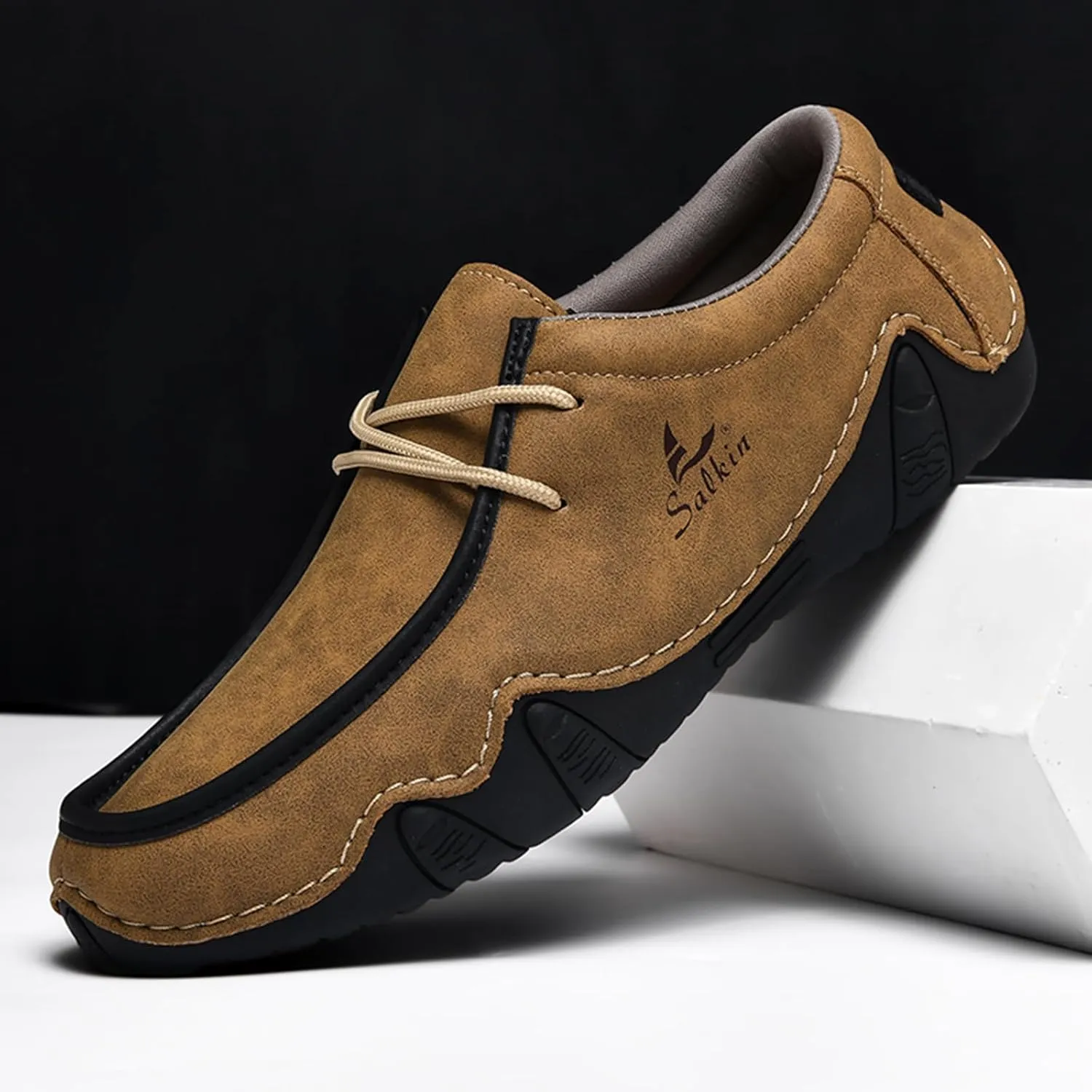 Men's Waterproof Leather Casual Walking Shoes for Hiking Camping & Driving All Season Retro Hand Stitched Round Toe Lace Up Slip on Loafers Comfortable Soft Outdoor Fashion Sneakers