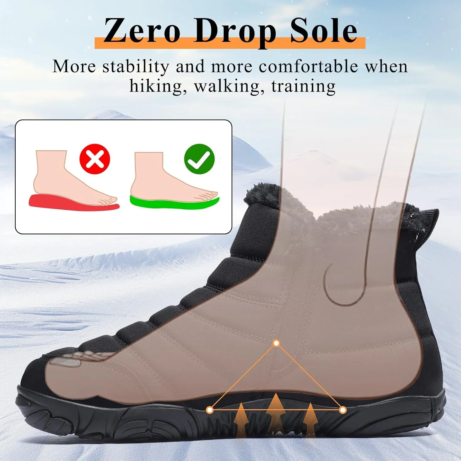 Mens Womens Winter Snow Boots Wide Toe Box Barefoot boot Fur Lined Minimalist Zero Drop Sole Walking Shoes