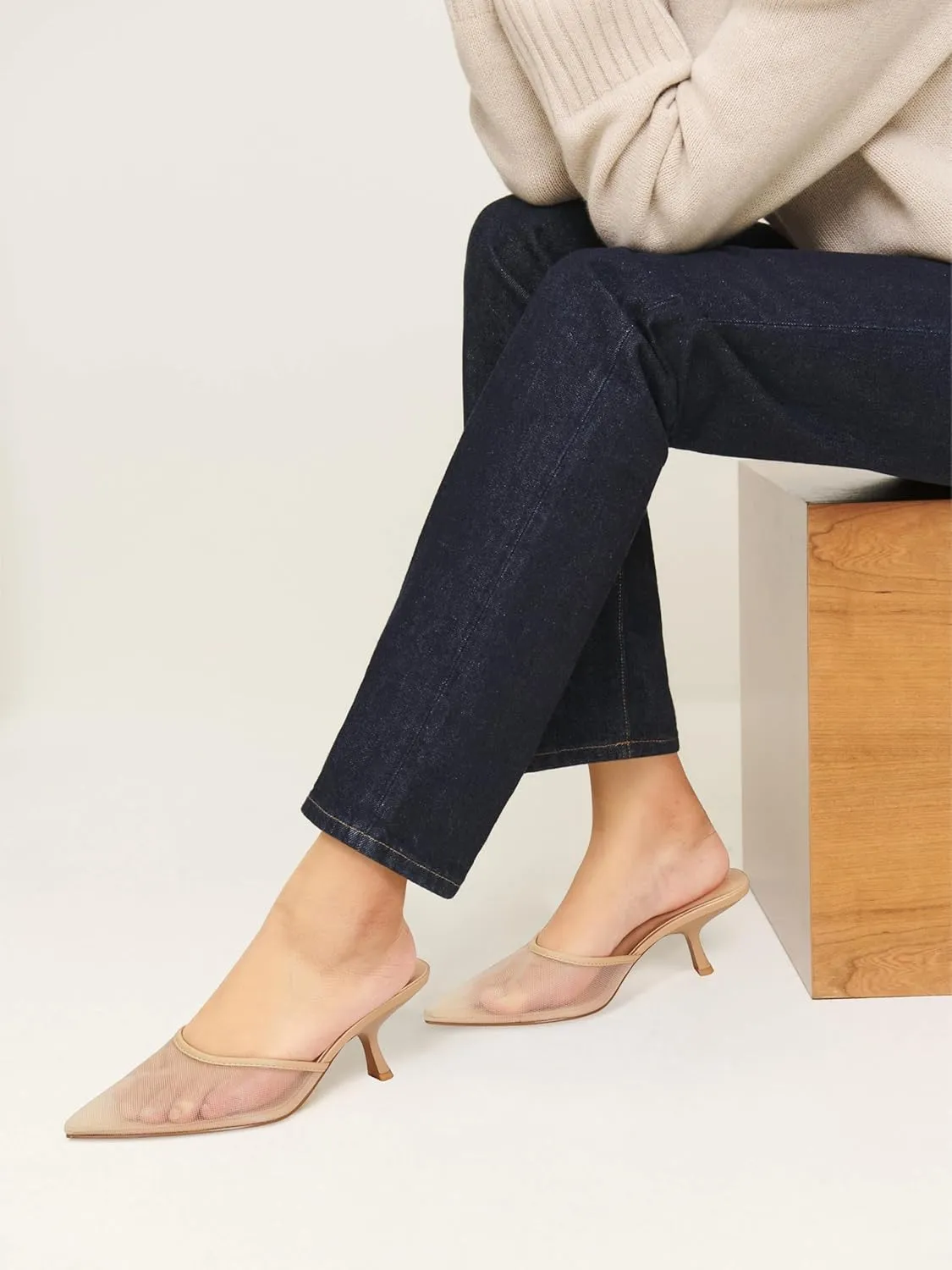 Mesh Kitten Heels Mules for Women Closed Pointed Toe Slip on Backless Stiletto Slingback Low Heels Comfort Pumps Shoes