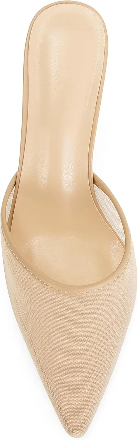 Mesh Kitten Heels Mules for Women Closed Pointed Toe Slip on Backless Stiletto Slingback Low Heels Comfort Pumps Shoes