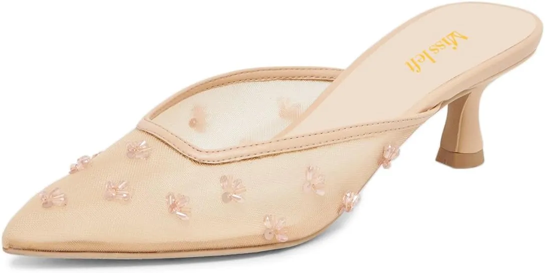 miss left Women Chic Flower Decor Fine Mesh Slip on Mules Pointed Toe Kitten Low Heel Casual Daily Slide Sandals Size 4-16 US